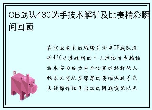 OB战队430选手技术解析及比赛精彩瞬间回顾